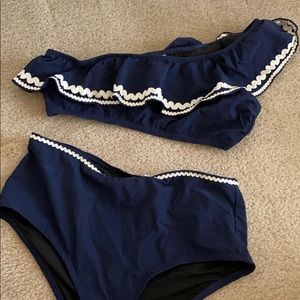 Navy and White one-shoulder, high wasted bikini